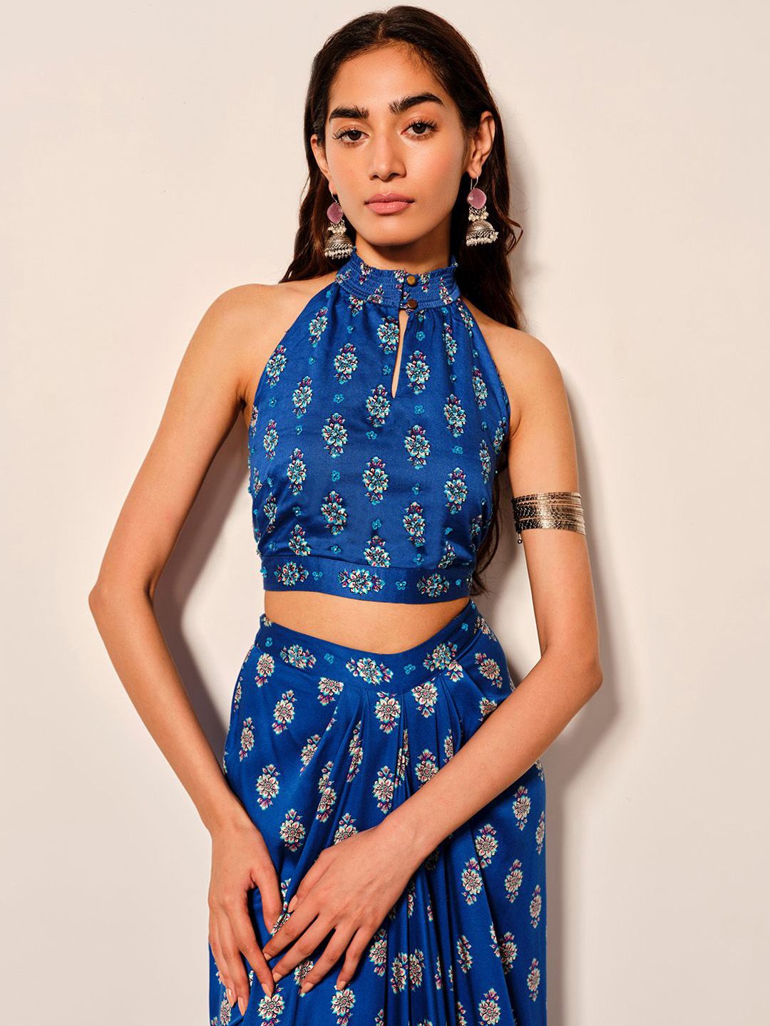 Global Desi Printed Round Neck Top & Skirt