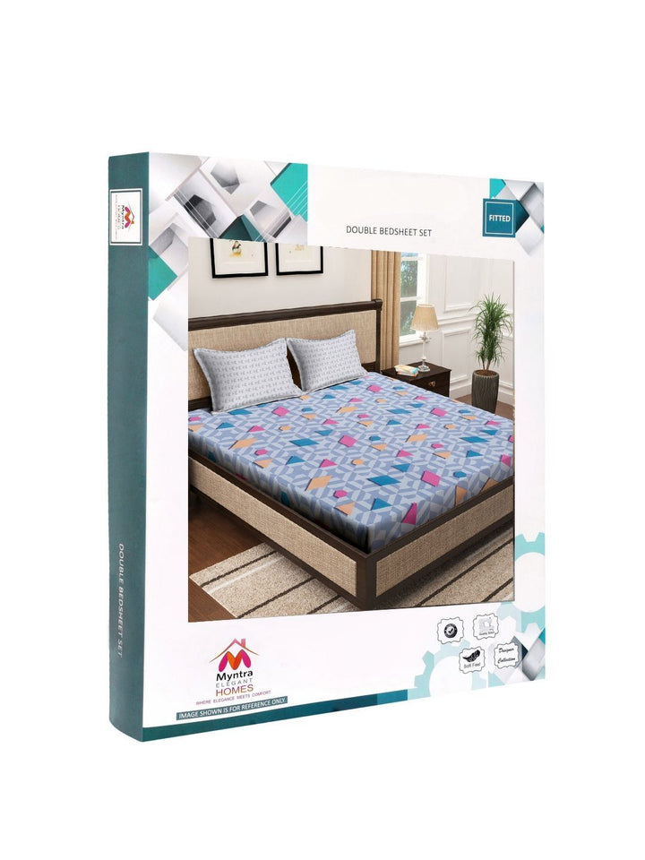 Myntra Elegant Homes Blue & Pink Geometric Printed Dilengkapi 300 TC King Bedsheet dengan 2 Sarung Bantal