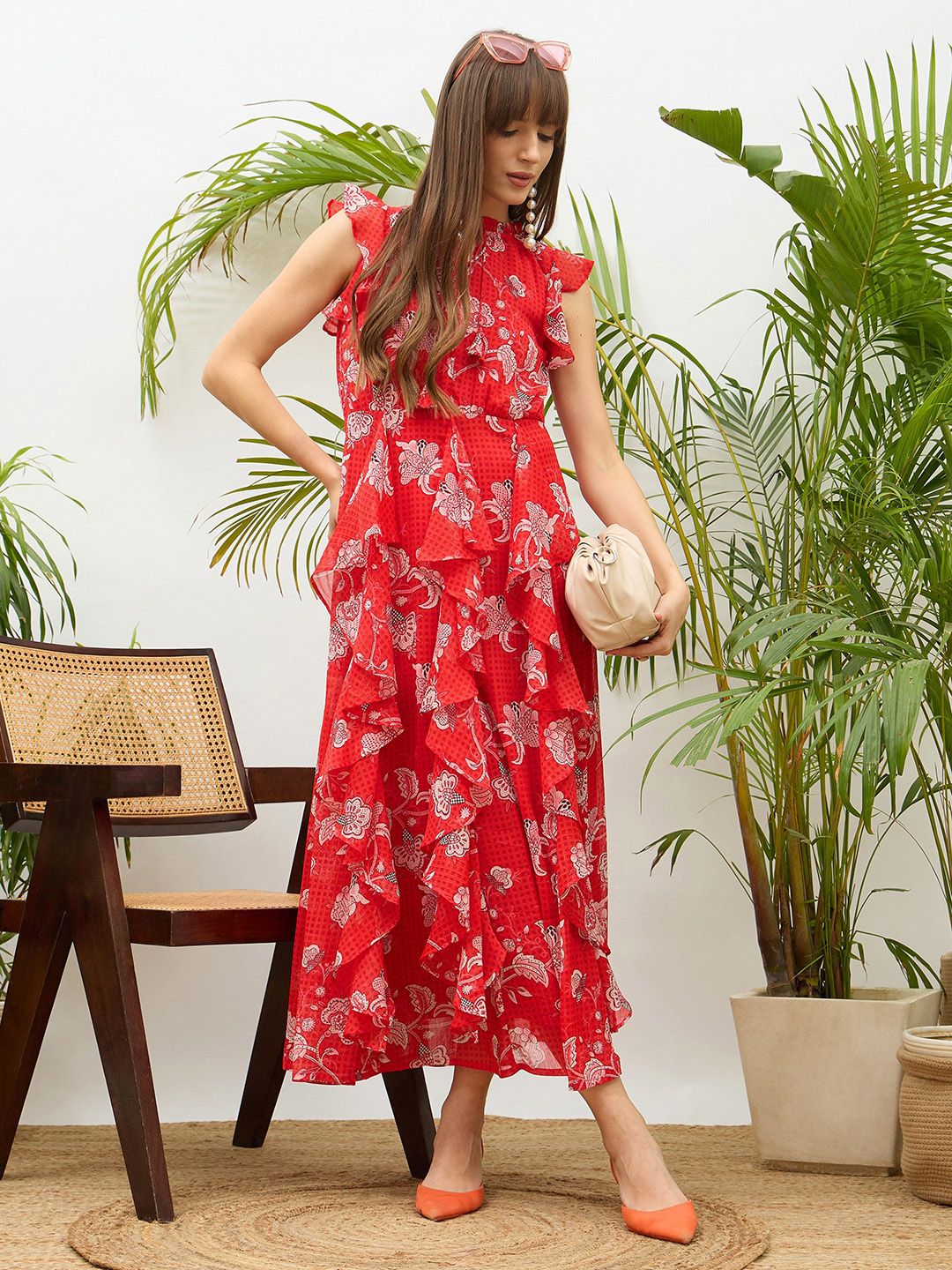 SASSAFRAS Floral Printed Flared Sleeves Ruffled Fit & Flare Maxi Dress