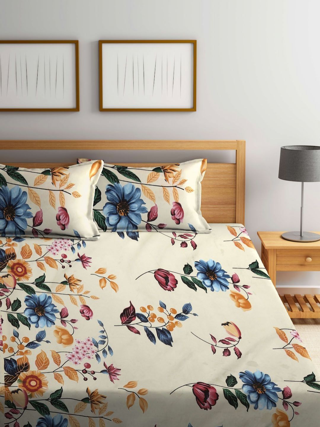 Myntra Elegant Homes Cream Floral Polycotton 300 TC Fitted King Cadar Tempat Tidur Halus dengan 2 Sarung Bantal-250 x 220 cm