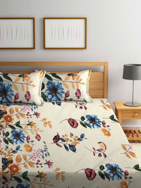 Myntra Elegant Homes Cream Floral Polycotton 300 TC Fitted King Cadar Tempat Tidur Halus dengan 2 Sarung Bantal-250 x 220 cm