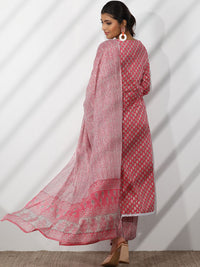 Libas Floral Printed Thread Work Pure Cotton Straight Kurta With Trousers & Dupatta