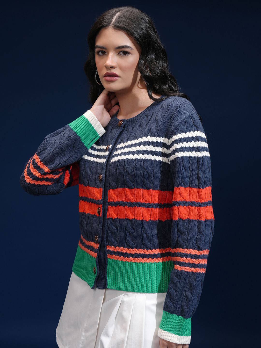 ESPYR By Tokyo Talkies Women Cable Knit Self Design Cardigan