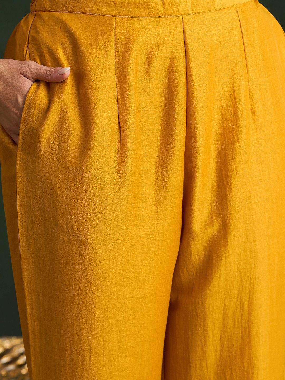 Indo Era Mustard Yellow Floral Embroidered V-Neck Straight Kurta with Trousers & Dupatta