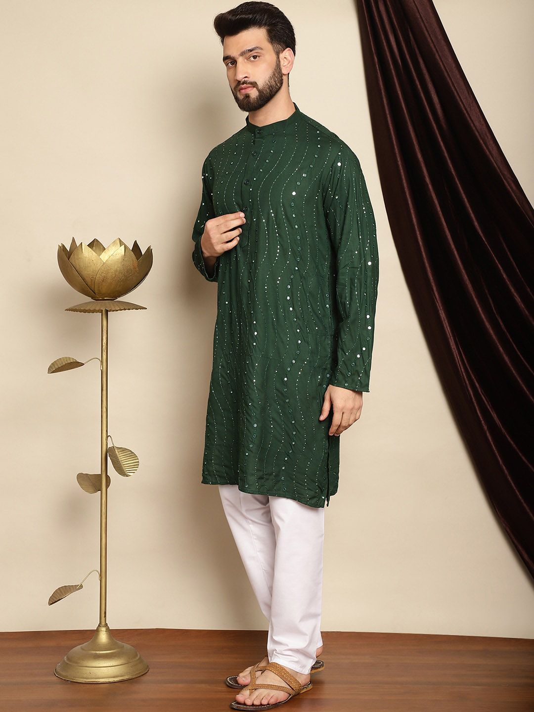 Anouk Green Mandarin Collar Sequinned Pure Cotton Straight Kurta with Pyjamas