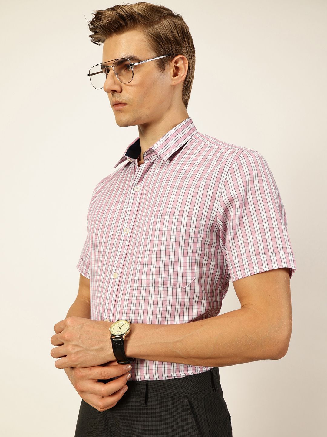 Thomas Scott Men Smart Spread Collar Tartan Checked Cotton Formal Shirt