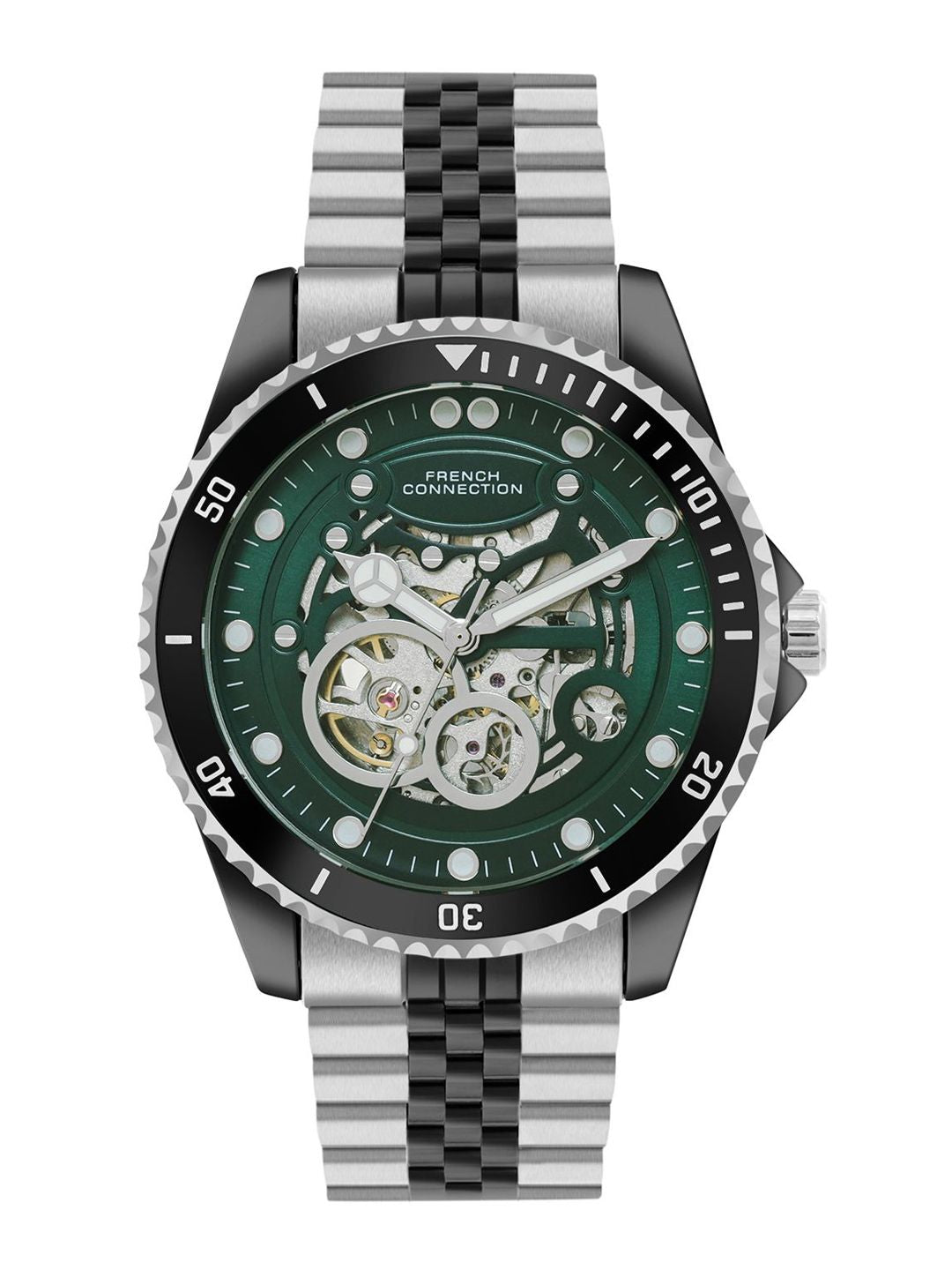 Sambungan Perancis Lelaki Skeleton Dial & Gelang Gelang Keluli Tahan Karat Tali Analog Automatic Motion Watch