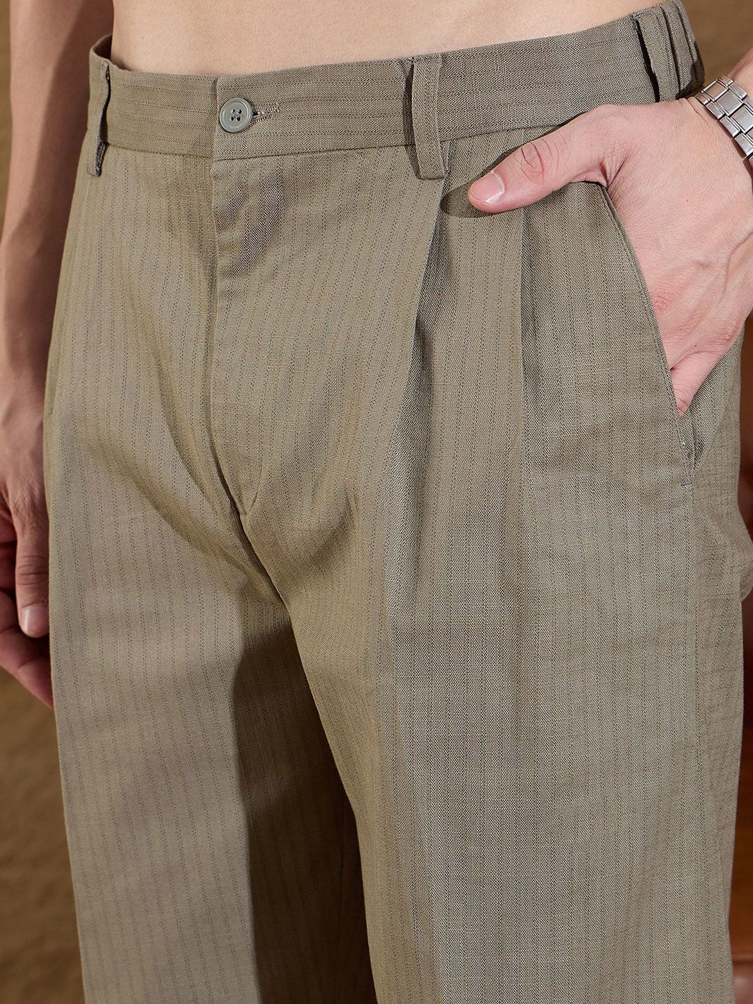 DENNISON Striped Korean Double Pleated Baggy Fit Trouser