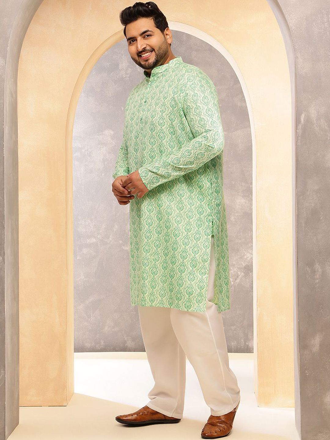 SOJANYA PLUS Ethnic Motifs Printed Band Collar Cotton Linen Straight Kurta With Pyjama