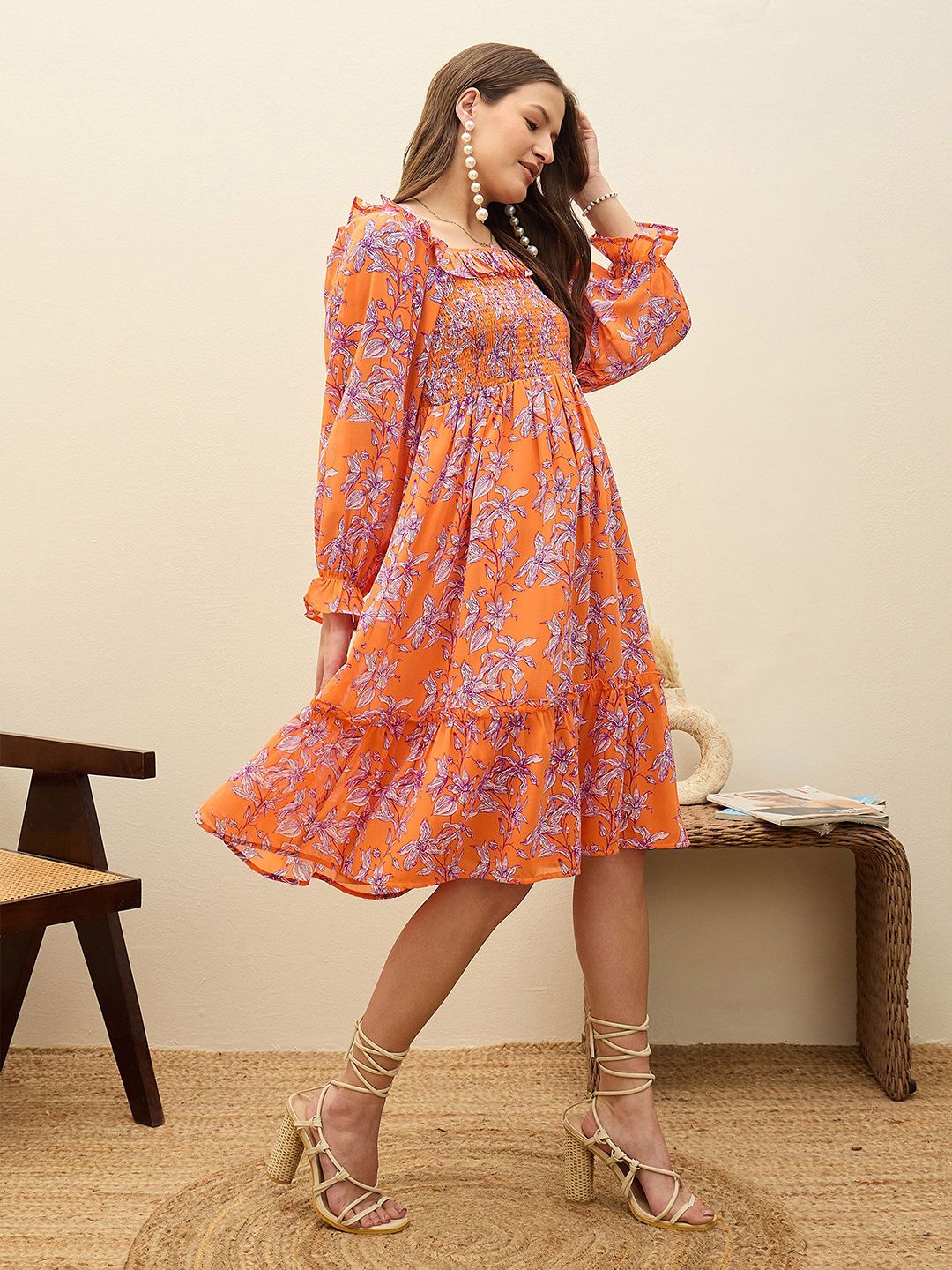SASSAFRAS Floral Print Balloon Sleeve Georgette Fit & Flare Short Dress