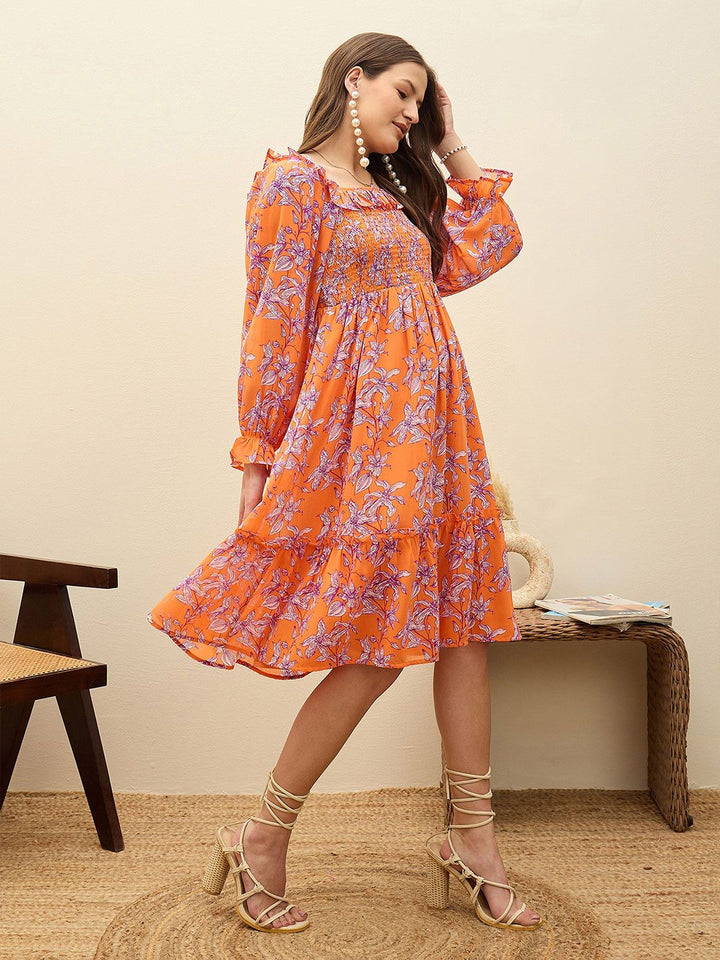 SASSAFRAS Floral Print Balloon Sleeve Georgette Fit & Flare Short Dress