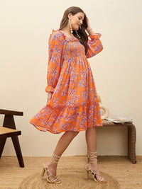 SASSAFRAS Floral Print Balloon Sleeve Georgette Fit & Flare Short Dress