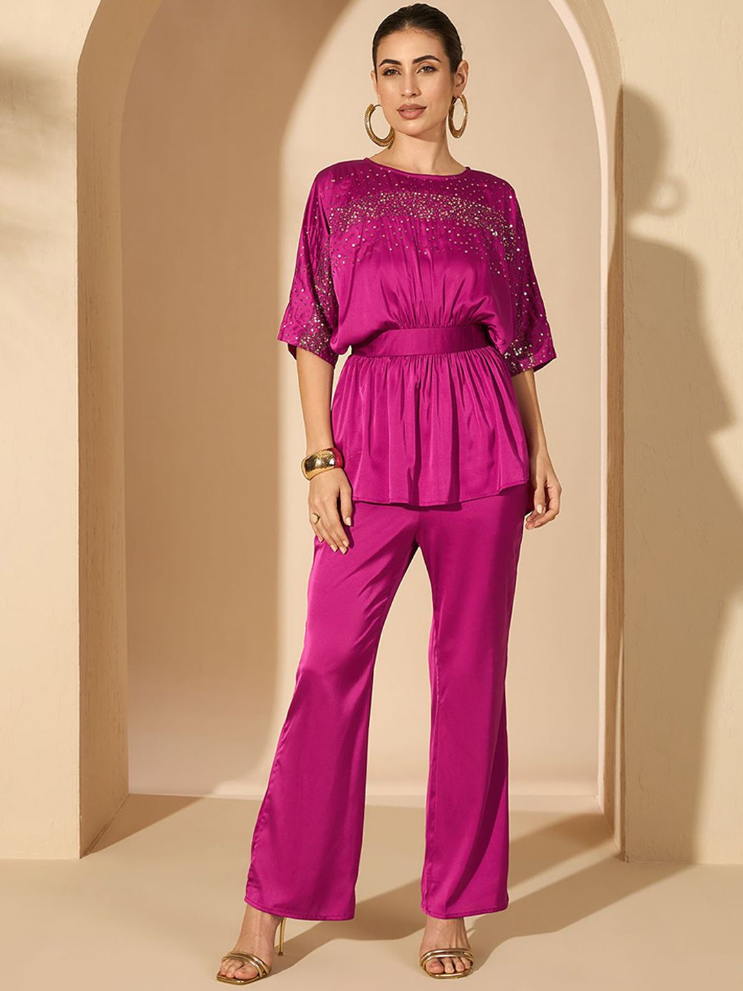 Antheaa Satin Embellished Boat Neck Top With Trousers
