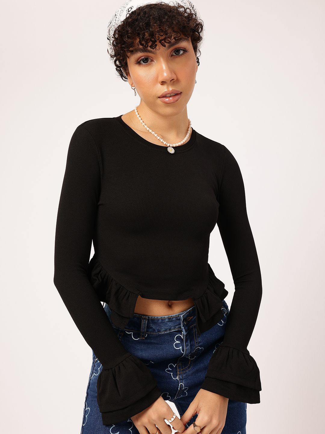 DressBerry Ruffle Charm Ribbed Bell Sleeve Crop Top