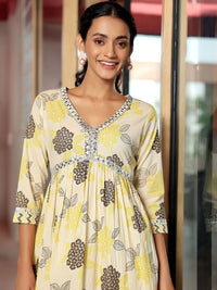 Libas Floral Printed Empire Mirror Work Pure Cotton A Line Kurta with Trousers
