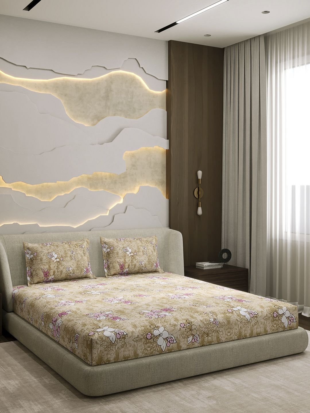 Monte Carlo Brown & Pink  Printed Cotton 104 TC Queen Bedsheet Set 2.24 m x 2.54 m