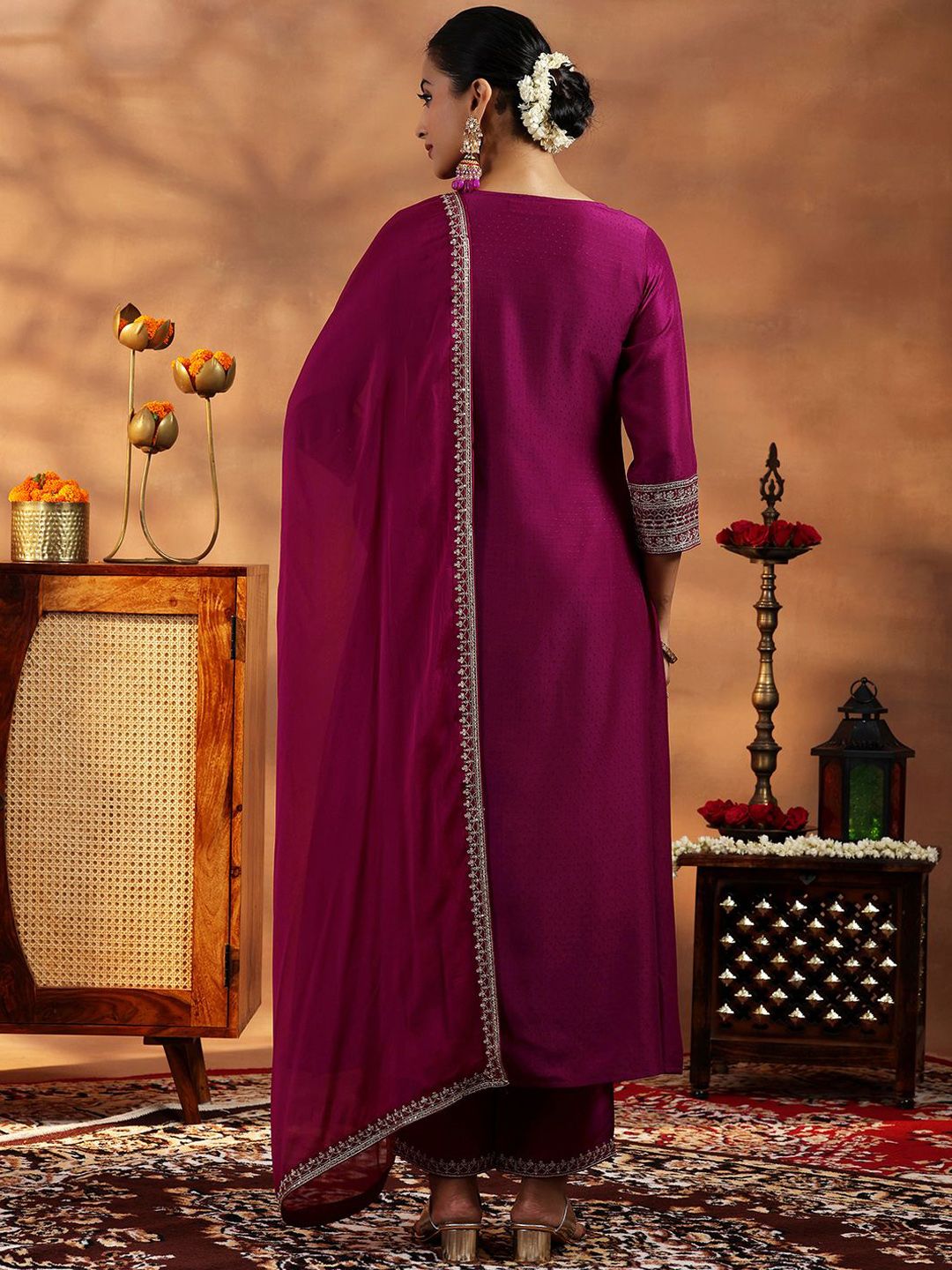 Libas Floral Yoke Design Zari Regular A Line Kurta with Trousers & Dupatta