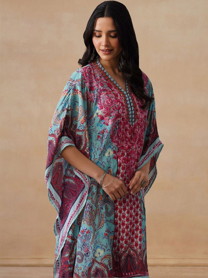 House of Chikankari Women Blue Printed Crepe Kaftan Kurta