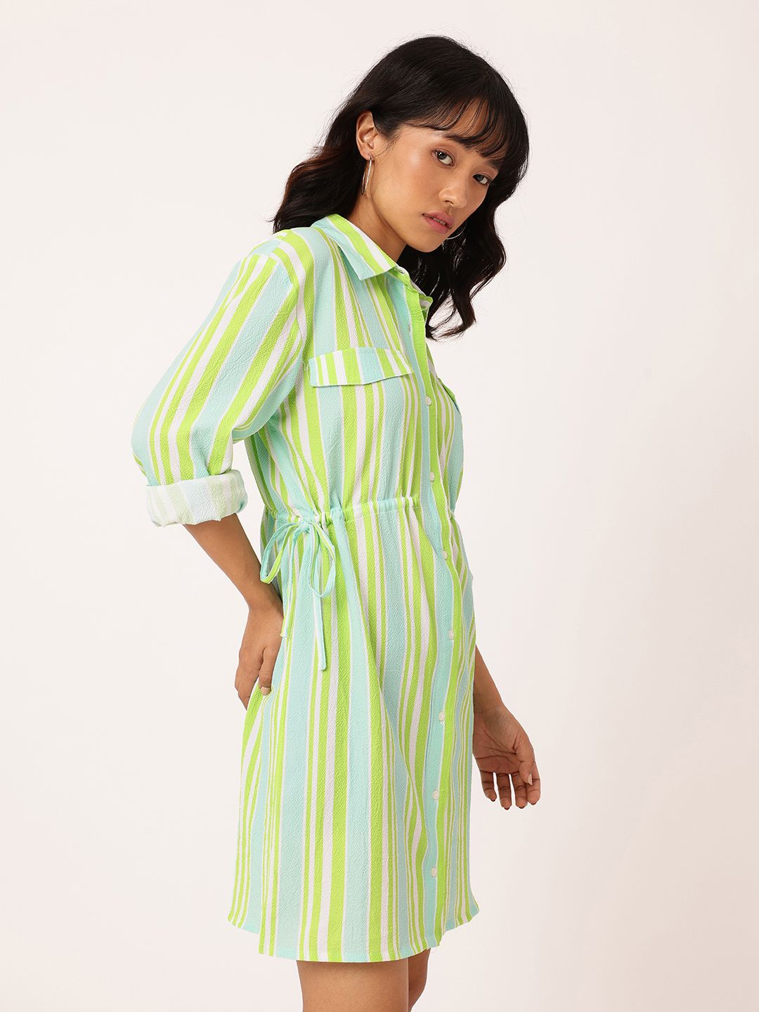 DressBerry Striped Cinched Waist Seersucker Shirt Style Dress
