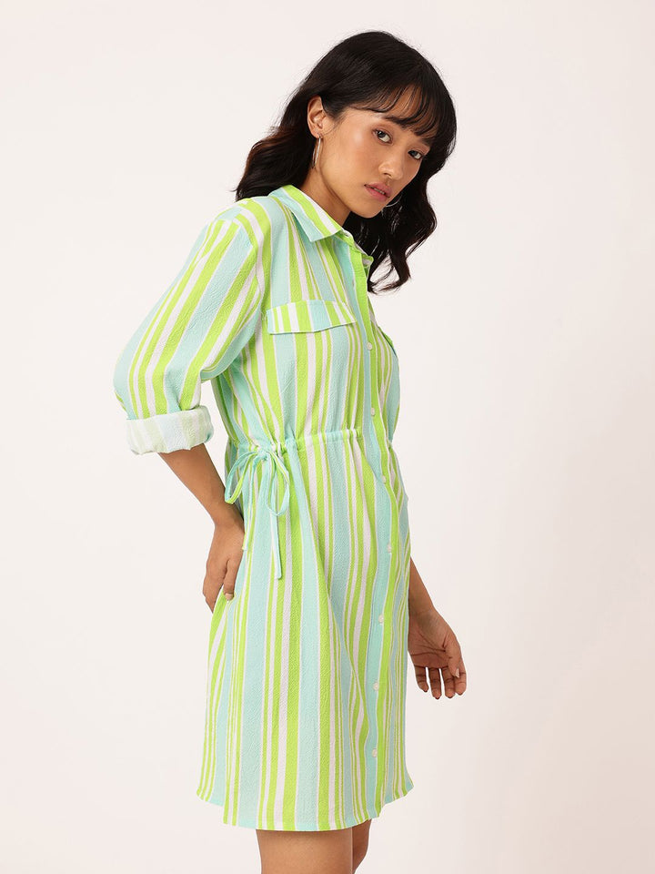 DressBerry Striped Cinched Waist Seersucker Shirt Style Dress