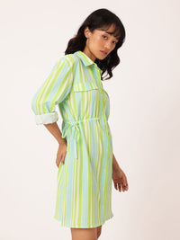 DressBerry Striped Cinched Waist Seersucker Shirt Style Dress