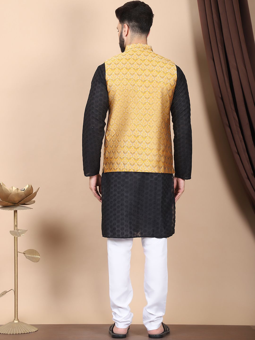 Anouk Black Floral Embroidered Thread Work Pure Cotton Kurta with Churidar & Nehru Jacket
