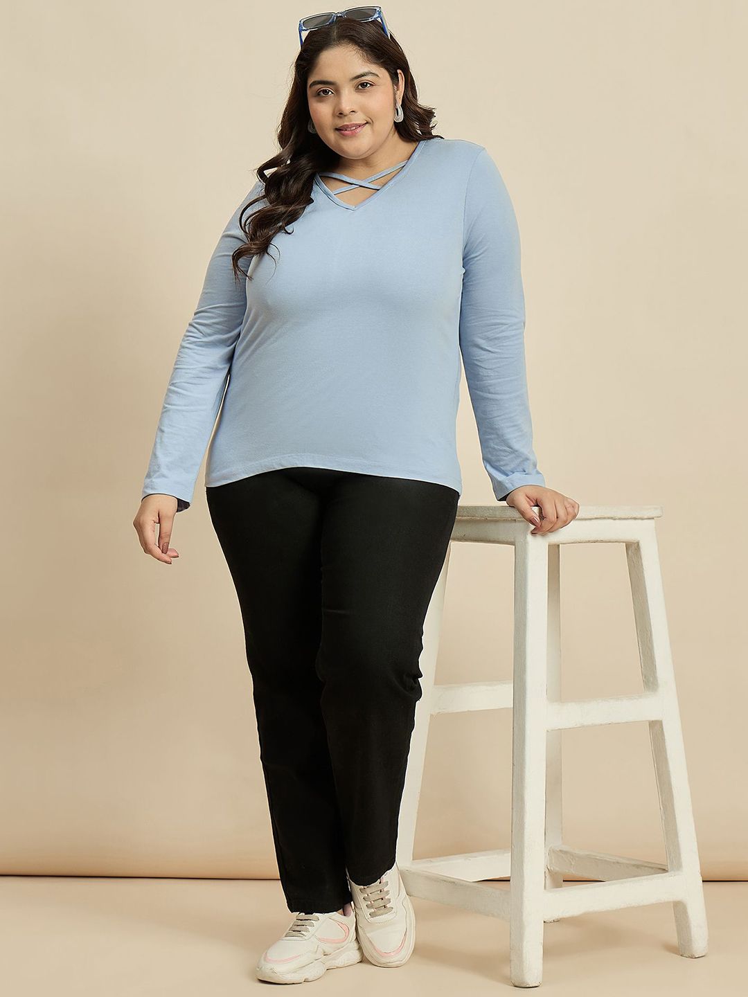 CURVY STREET Women Solid V-Neck Cotton Plus Size T-shirt