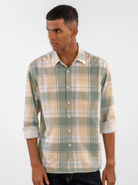 Eszett Checked Spread Collar Cotton Linen Long Sleeves Shirt