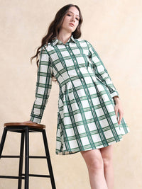 RAREISM Checked Printed Cotton Shirt Collar A-Line Dress