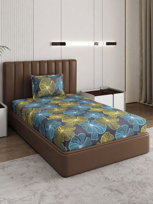 Monte Carlo Pixel Grey & Yellow Floral Printed 120 TC Single Bedsheet Set 1.52 m x 2.30 m