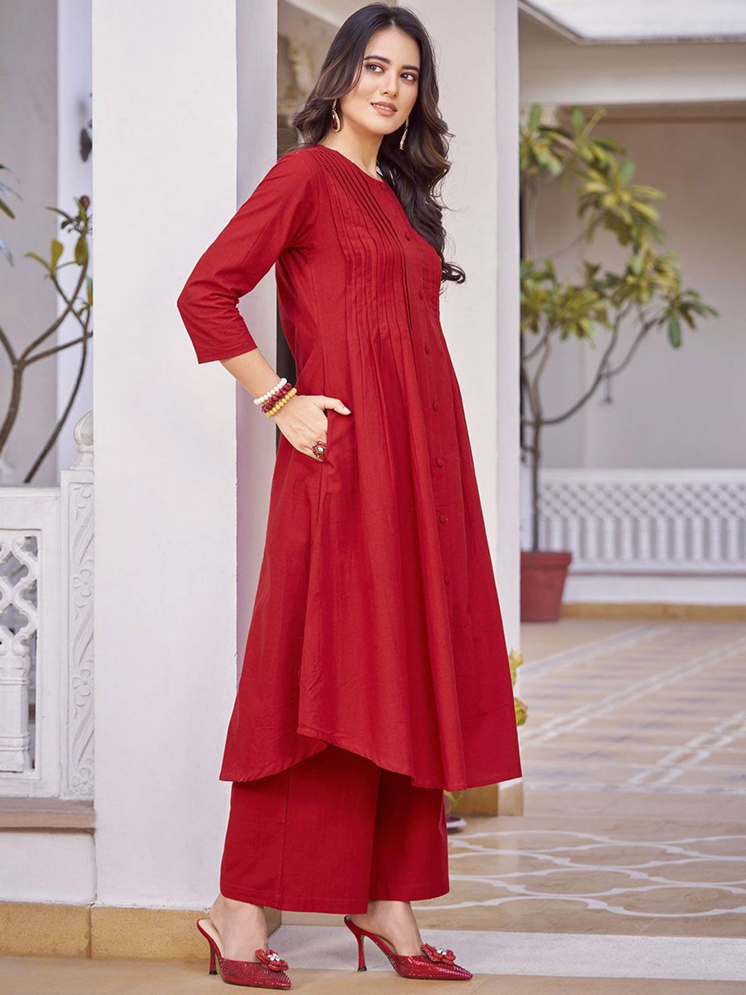 KALINI Pure Cotton Pleated A-Line Kurta with Trousers