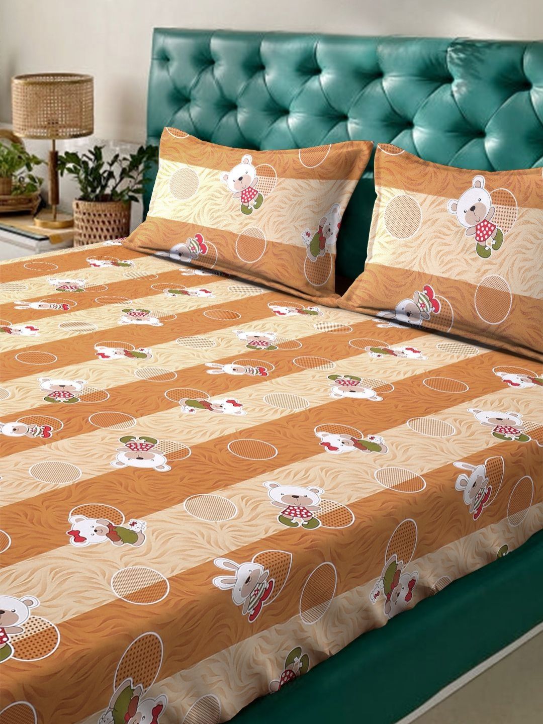 KLOTTHE Mustard Cartoon Printed Fitted 400 TC Cotton King Bedsheet & 2 Pillow Covers