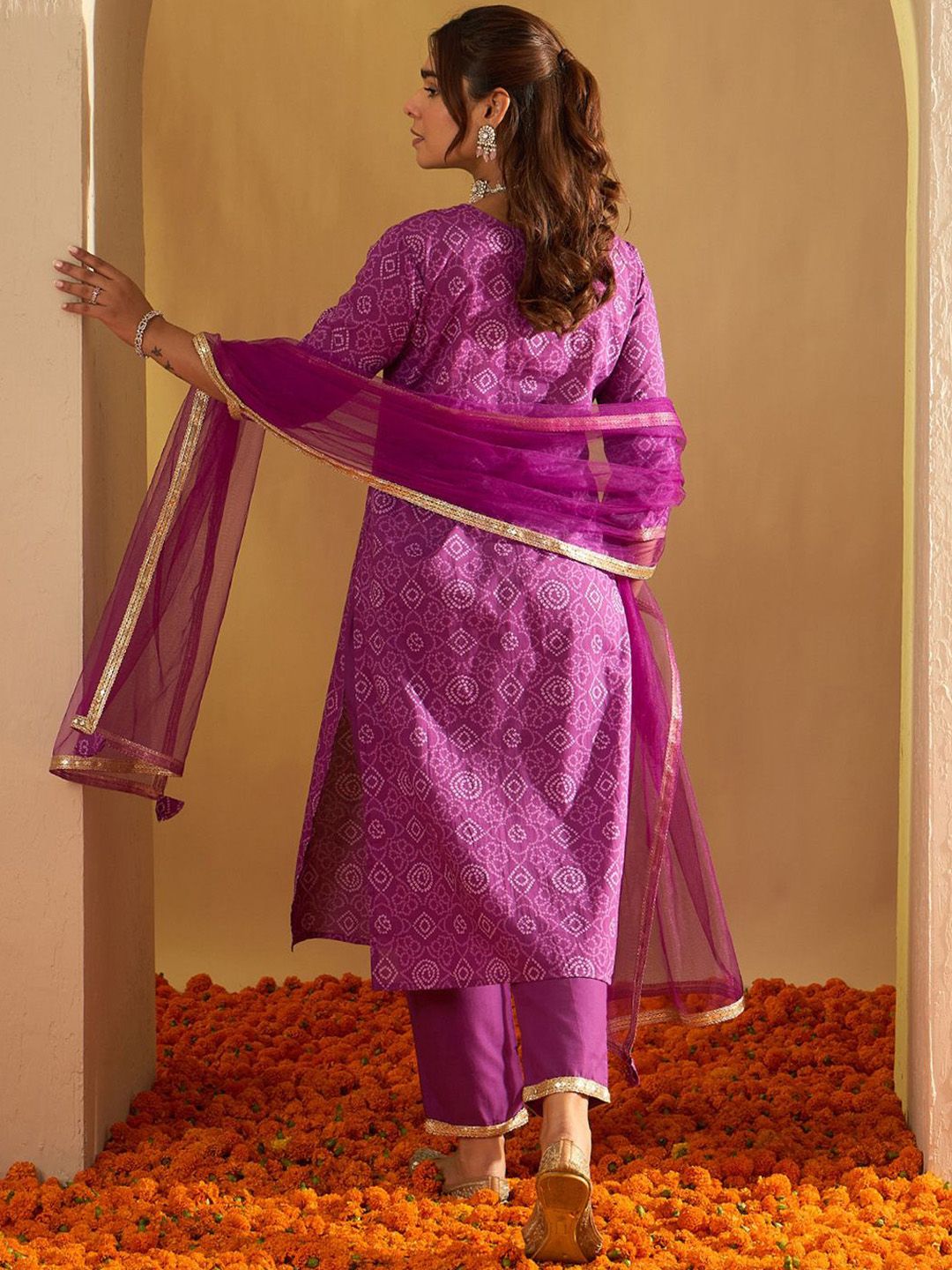 Indo Era Bandhani Embroidered Sequinned Pure Cotton Straight Kurta With Trousers & Dupatta