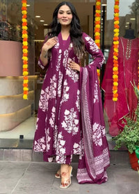 KALINI Floral Printed Pleated V-Neck A-Line Kurta With Palazzos And Dupatta