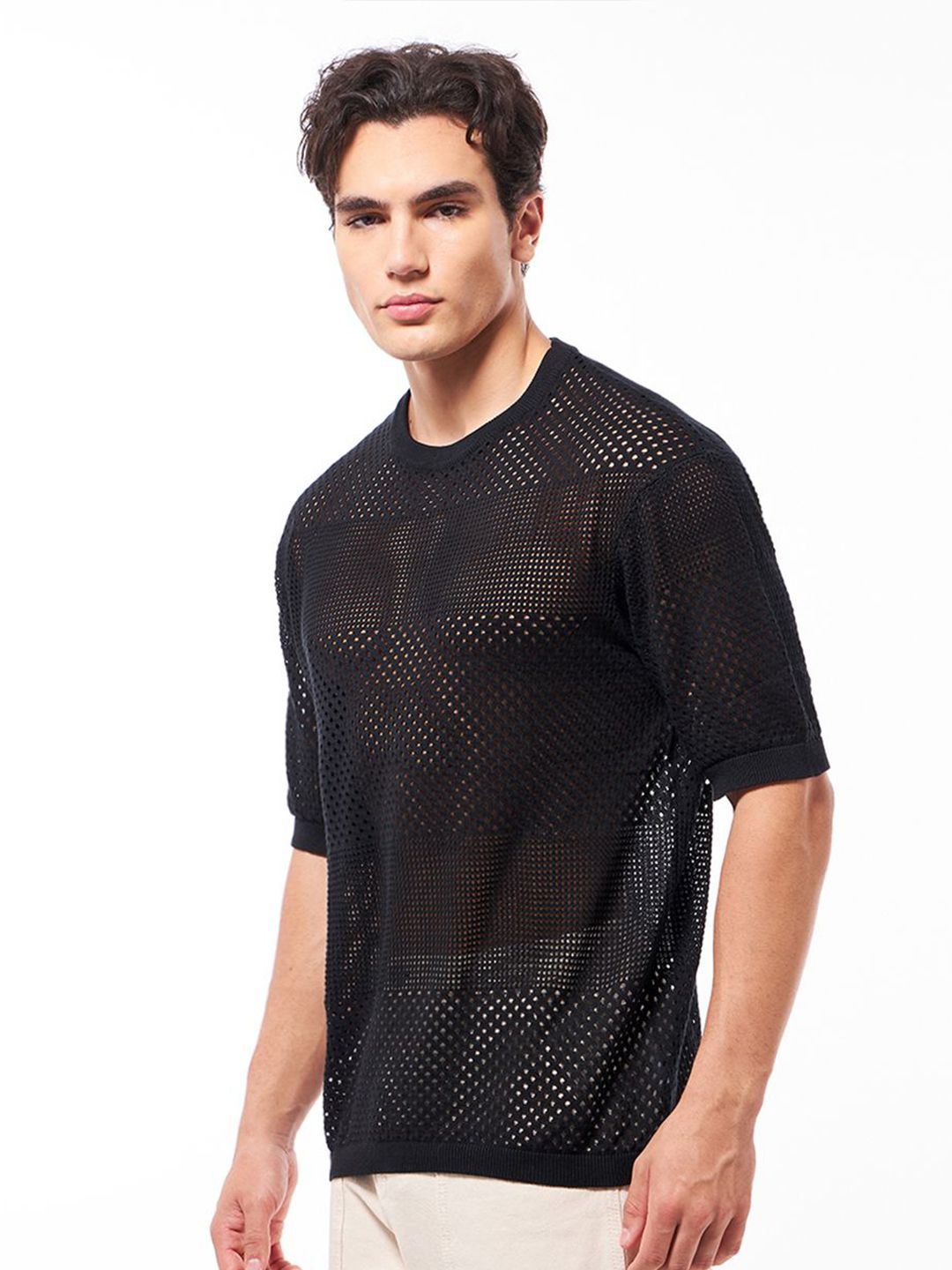 Bewakoof Men's Black Pure Cotton & Oversized Flatknit T-shirt