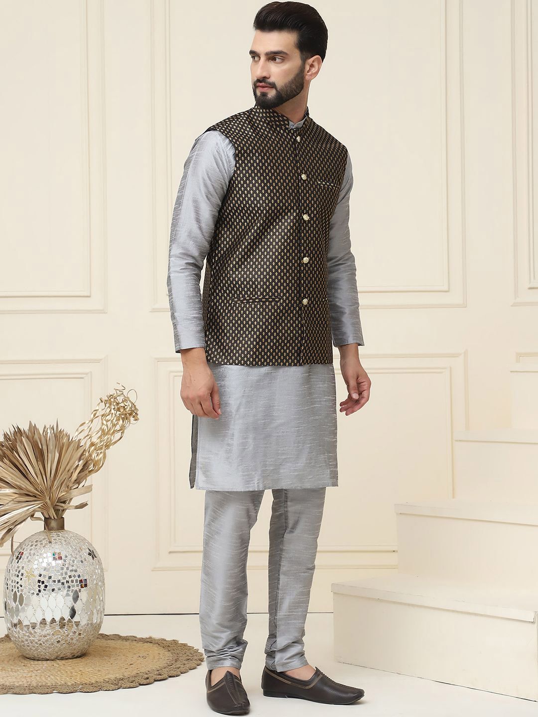 SOJANYA Mandarin Collar Silk Cotton Straight Kurta with Churidar & Nehru jacket