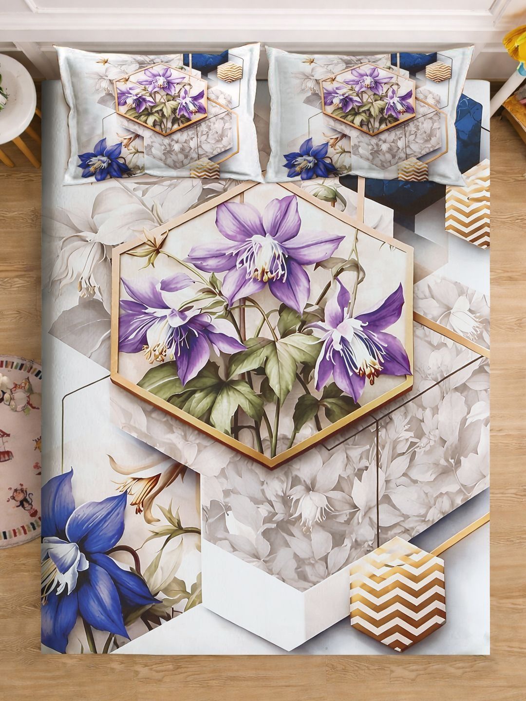 KLOTTHE White & Blue Floral Printed Fitted 300 TC King Bedsheet With 2 Pillow Cover