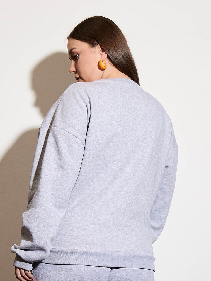 SASSAFRAS Curve Women Plus Size Typography Embroidered Sweatshirt