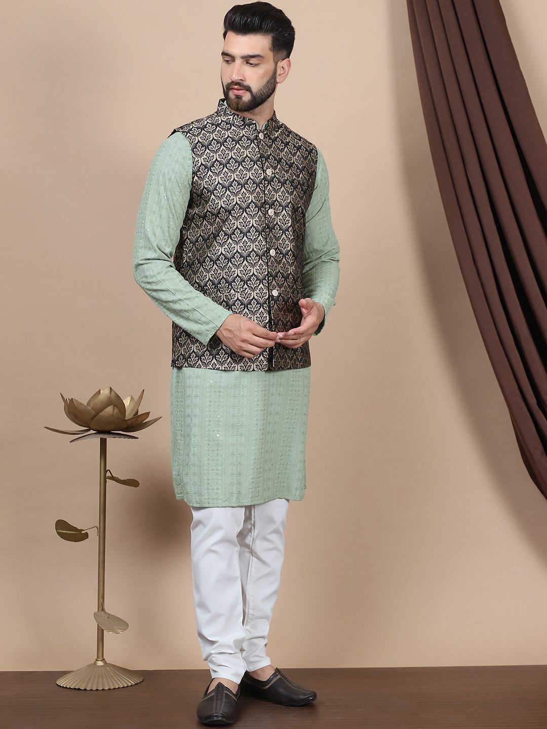 Anouk Floral Embroidered Pure Cotton Sequinned Straight Kurta With Churidar & Nehru Jacket