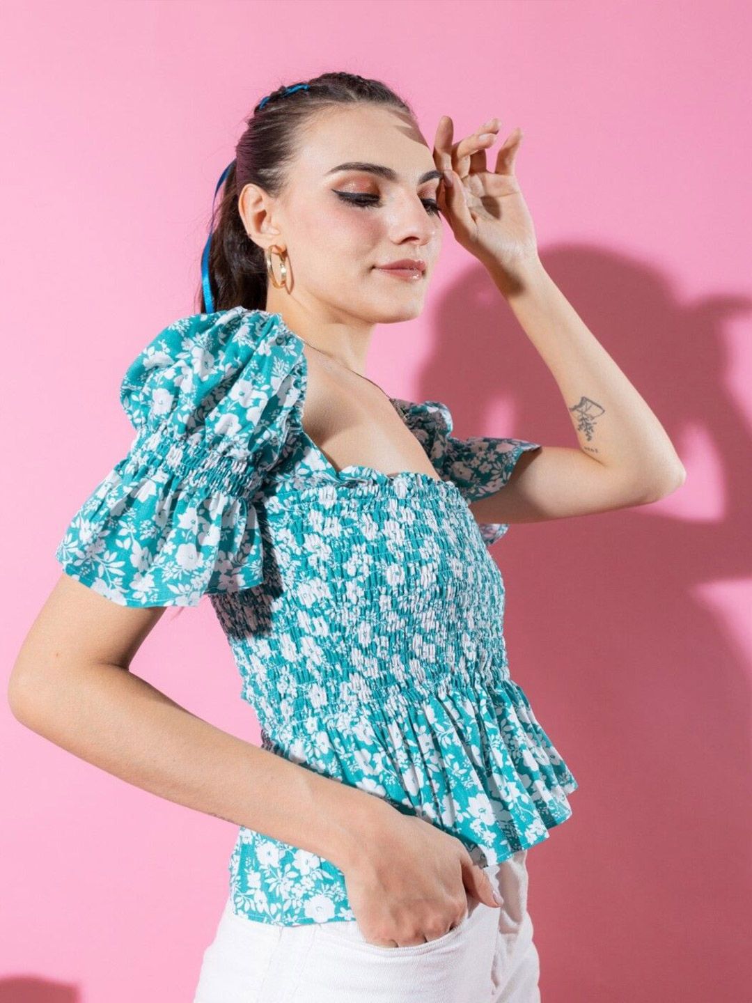 DressBerry Women Floral Printed Cinched Waist Top