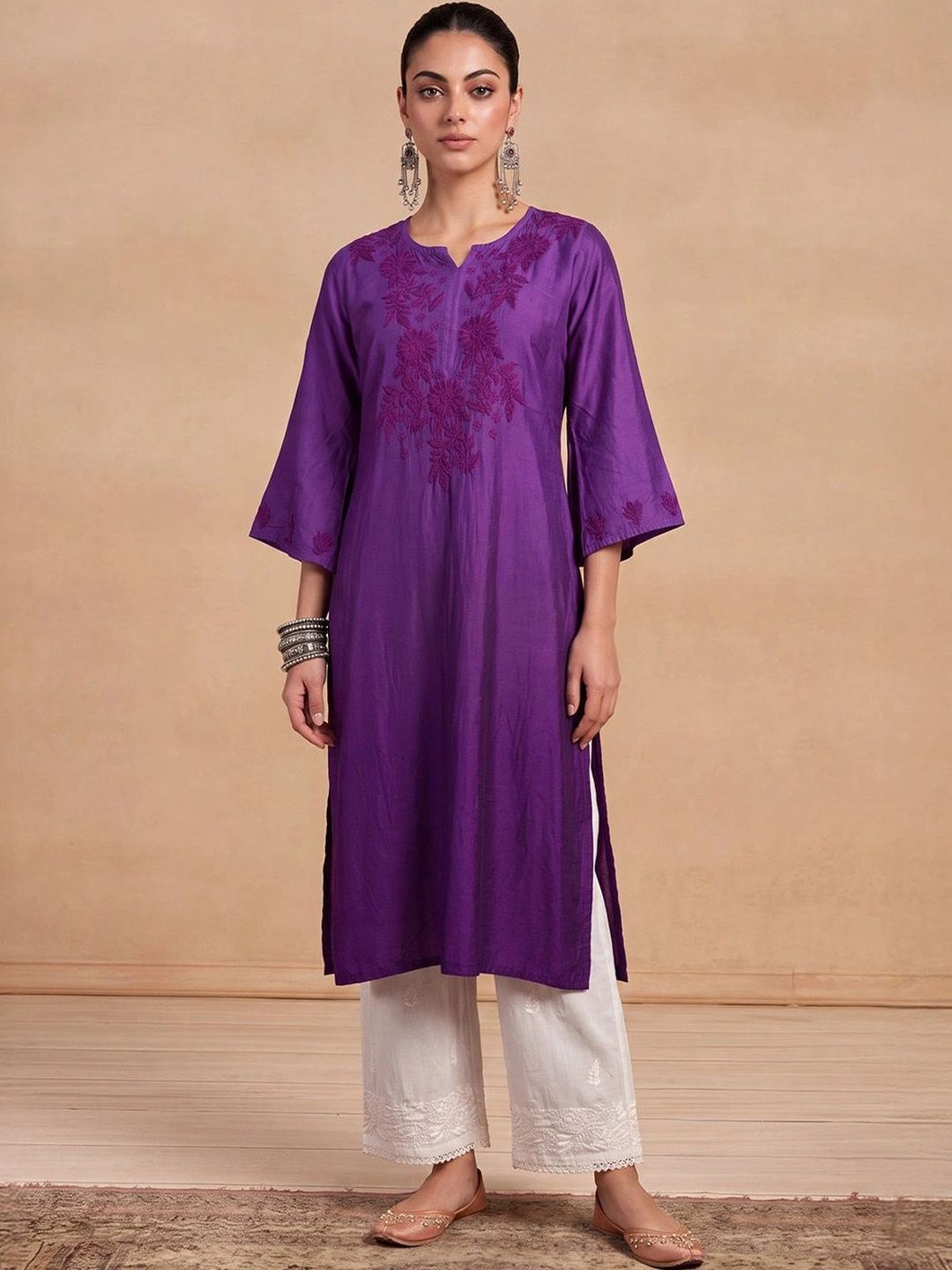 House of Chikankari Women Ethnic Motifs Embroidered Thread Work Chanderi Silk Kurta