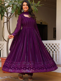 KALINI Striped Sweetheart Neck Thread Work Georgette Anarkali Kurta With Pyjamas & Dupatta