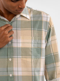 Eszett Checked Spread Collar Cotton Linen Long Sleeves Shirt