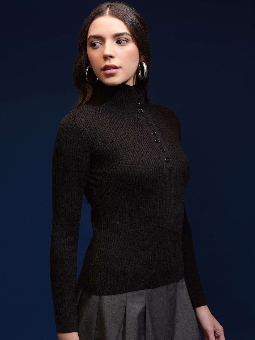 Tokyo Talkies Women Mock Collar Ribbed Pullover Sweater