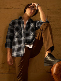 DENNISON Men Double Pocket Drop Shoulder Oversized Cotton Checked Shacket