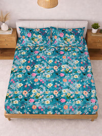 KLOTTHE Blue & Pink Printed 300 TC Double Bedsheet With 2 Pillow Covers- 2.5 m x 2.25 m