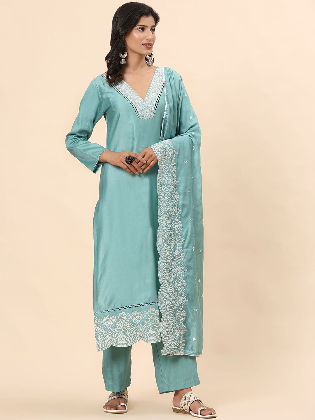 Mamicha Women Floral Embroidered Thread Work Pure Cotton Kurta with Palazzo & Dupatta
