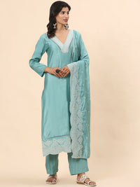 Mamicha Women Floral Embroidered Thread Work Pure Cotton Kurta with Palazzo & Dupatta