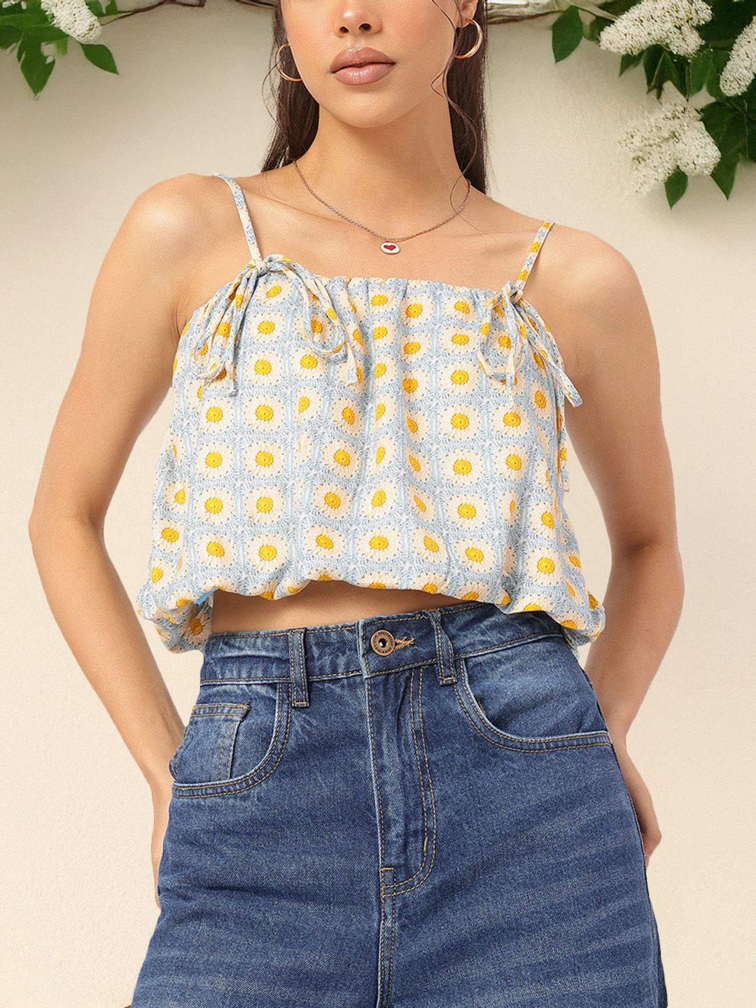 DressBerry Nature's Canvas Floral Print Crop Blouson Top