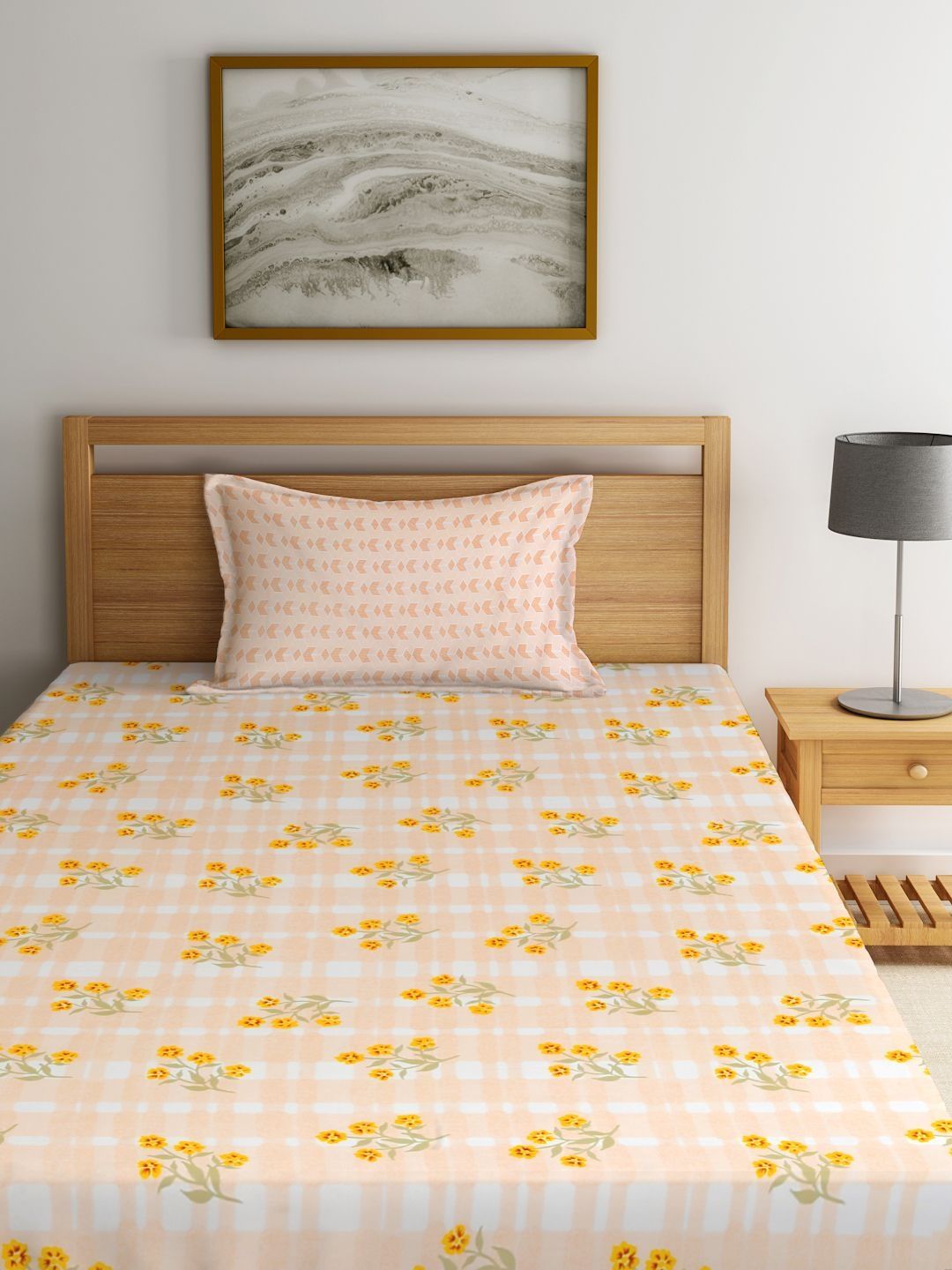 Myntra Elegant Homes White & Yellow Floral 300 TC Cadar Tempat Tidur Single dengan 1 Sarung Bantal
